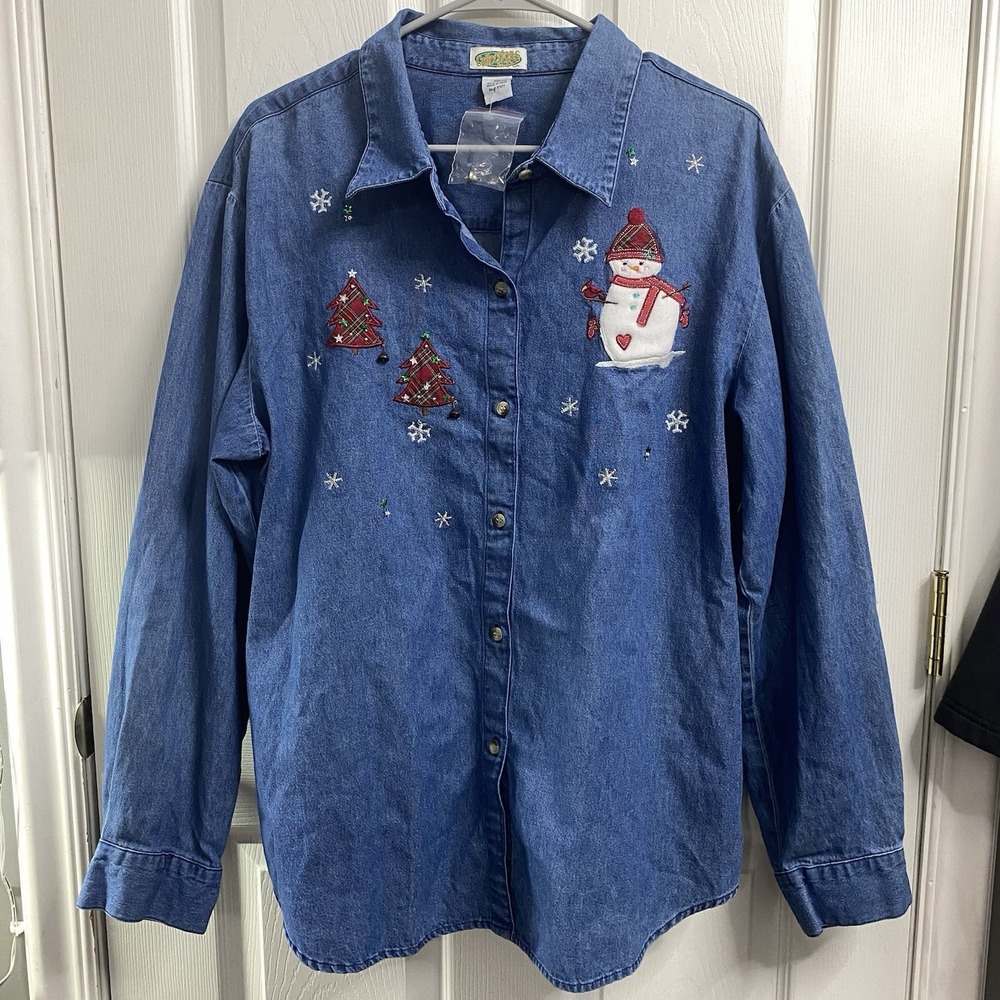 Collections‎ ETC Denim Women's Chambray Holiday Christmas Snowman Shirt NWOT XL